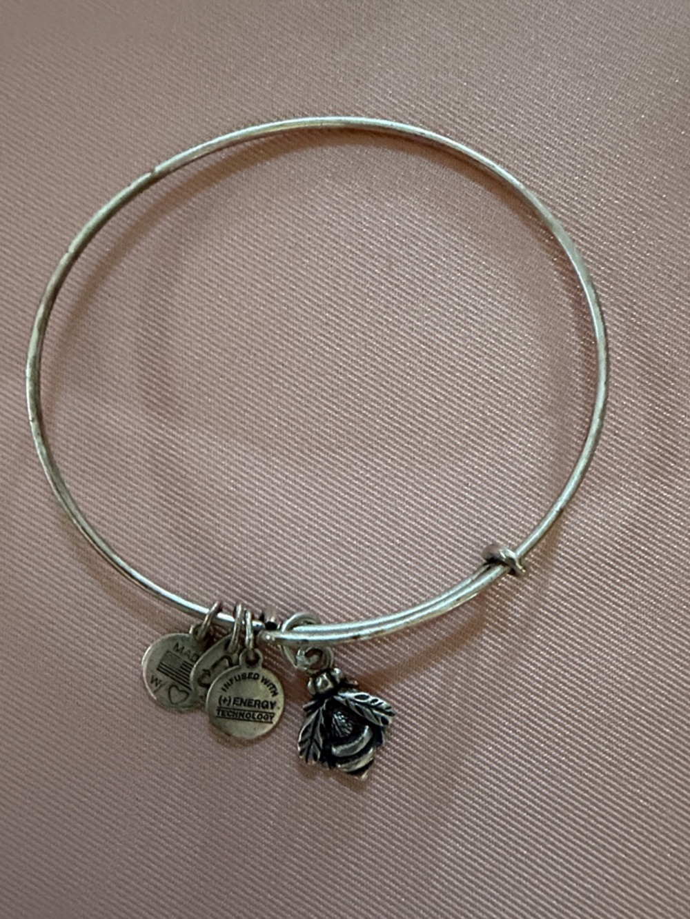 Alex and Ani Silver Rose Charm Bangle with Brand Discs